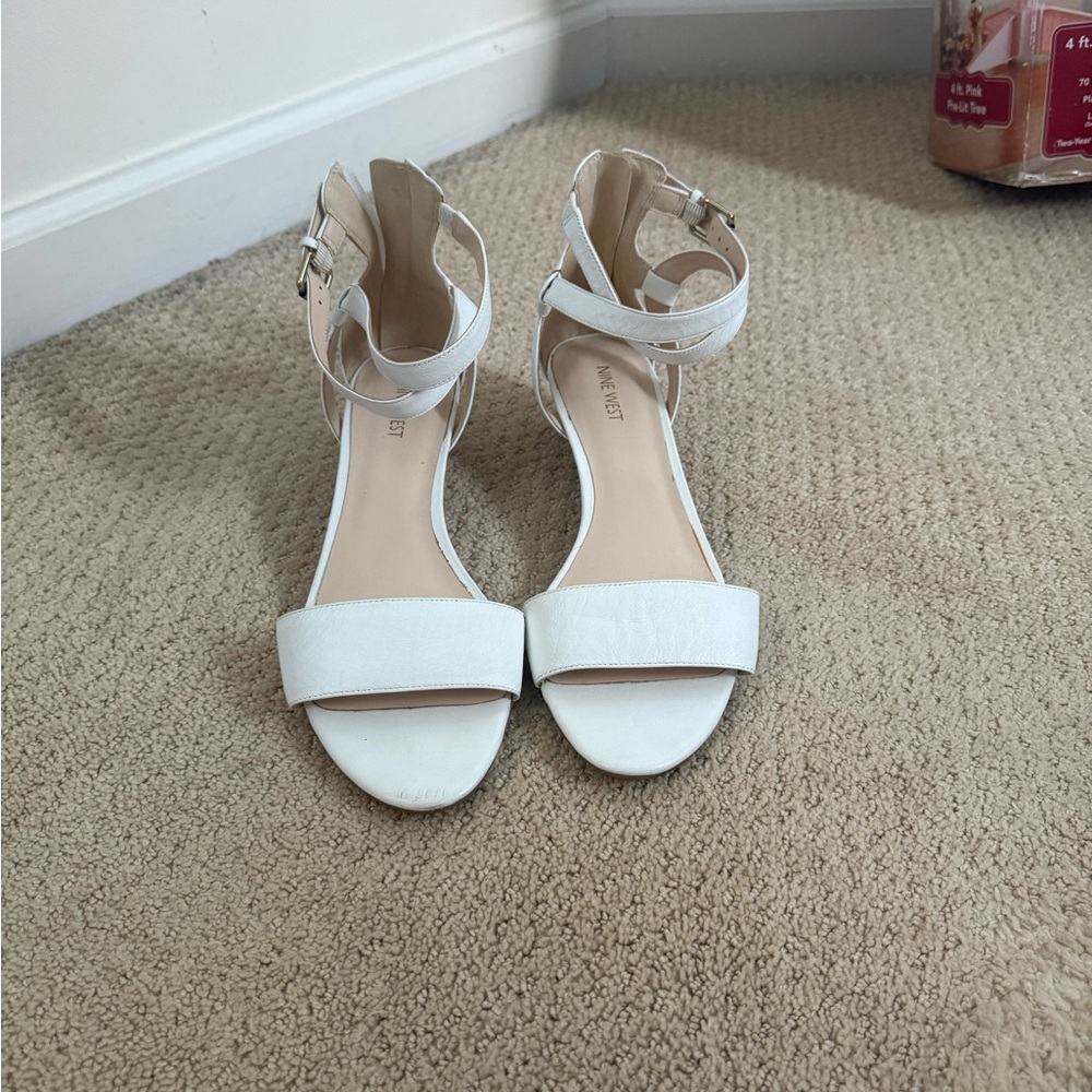 Nine West White Ankle Strap Block Heel Sandals